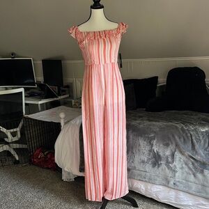 Lulu's Peach and White Off-Shoulder Jumpsuit